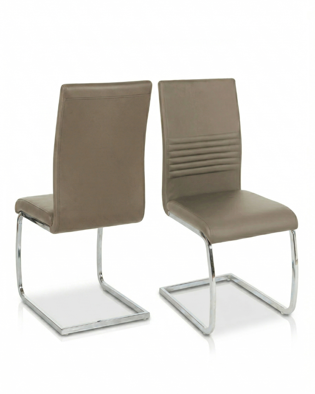 Two taupe chairs with metal legs sled base