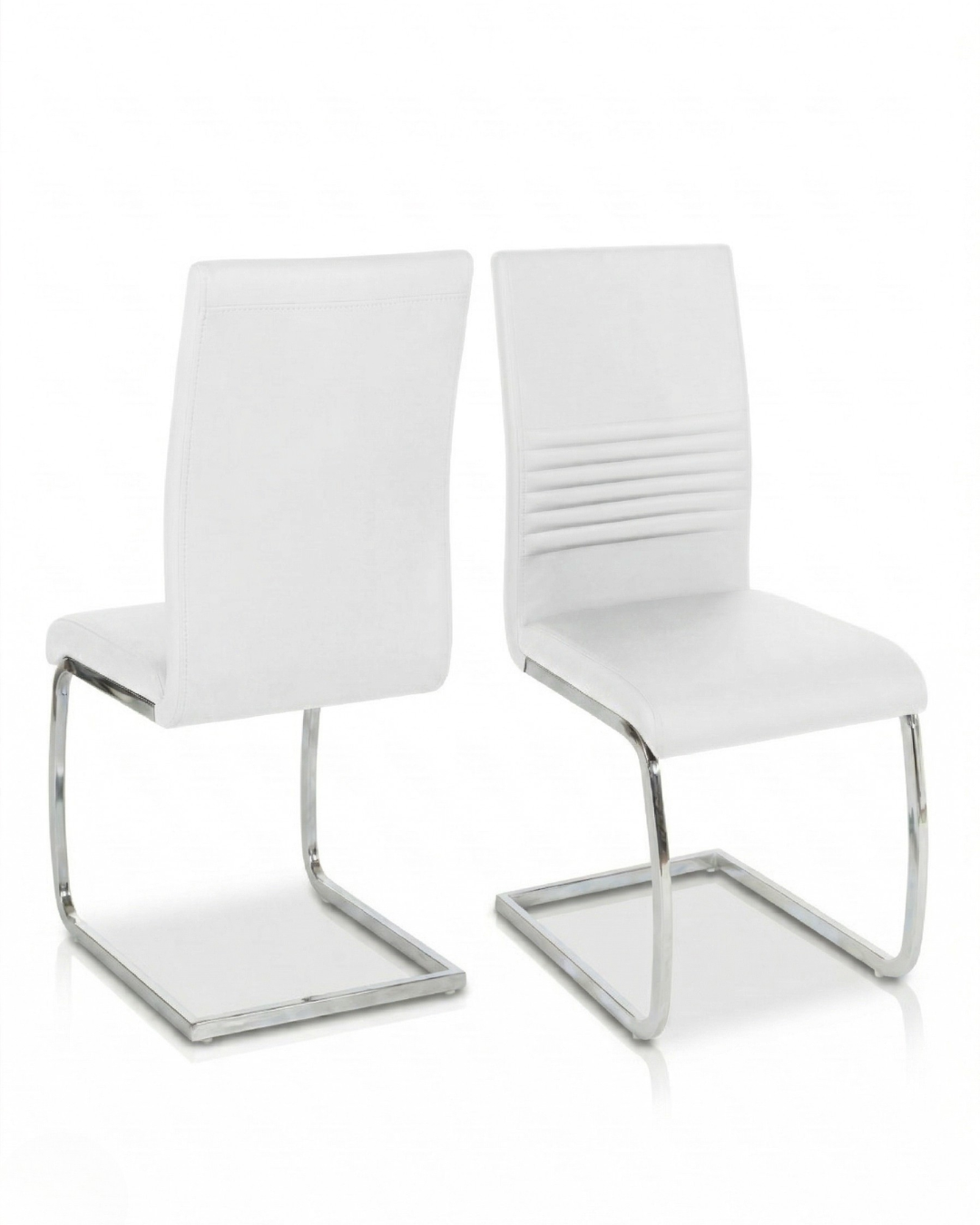 Two white cantilever chairs with chrome legs