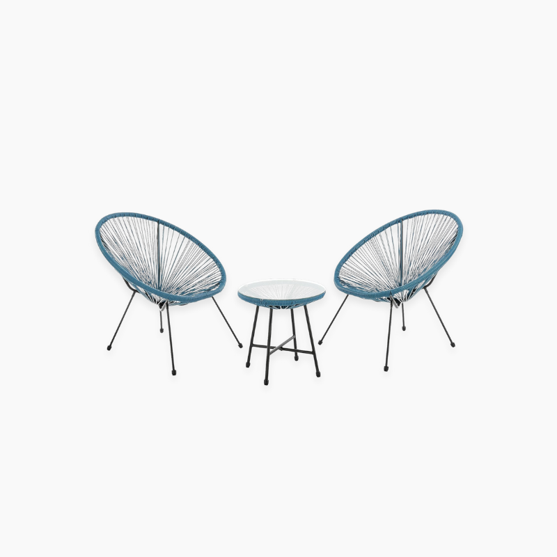 Two blue outdoor chairs and a small round table