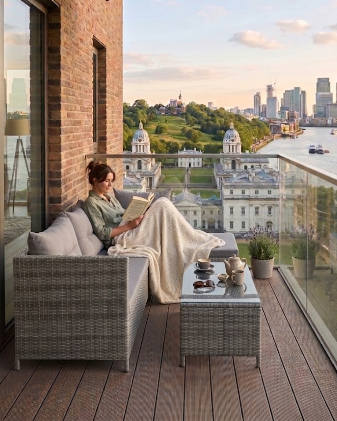 Woman reading a book on a 3-piece patio set with a cityscape view