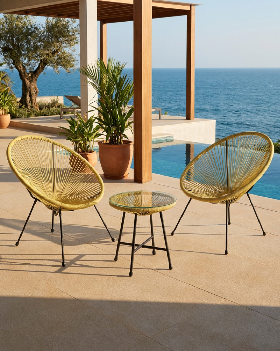 Outdoor patio set with two yellow chairs and a small table on a deck overlooking the ocean