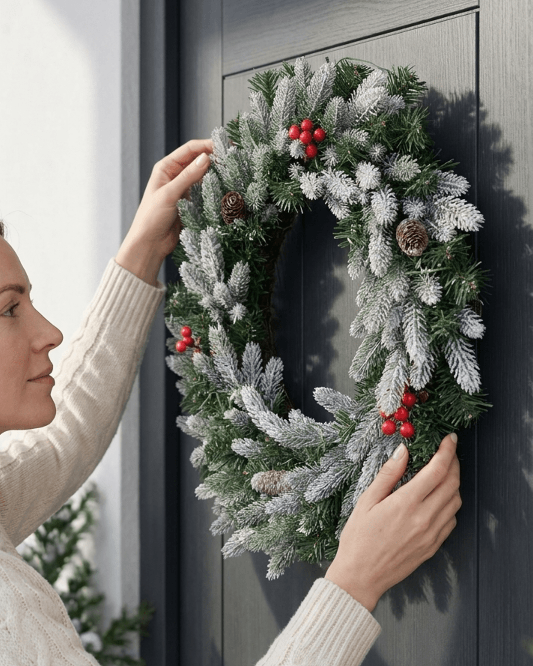 A woman in a cream knit sweater hangs a Christmas wreath with red berries and pinecones on a dark gray door