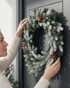 A woman in a cream knit sweater hangs a Christmas wreath with red berries and pinecones on a dark gray door
