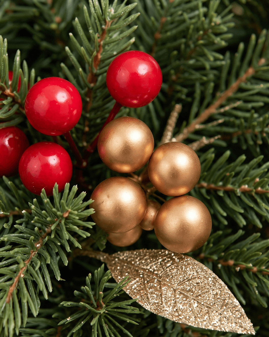 Close-up of glossy gold and red berries, and a glittery gold leaf on an artificial Christmas wreath