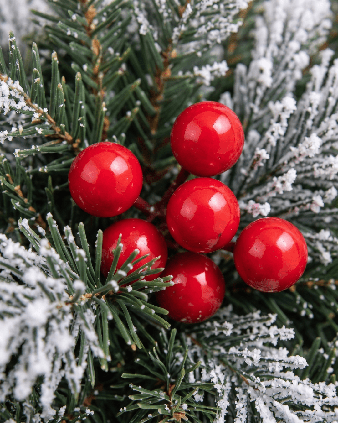 Close-up of a Christmas wreath with glossy red berries on frosted pine needles