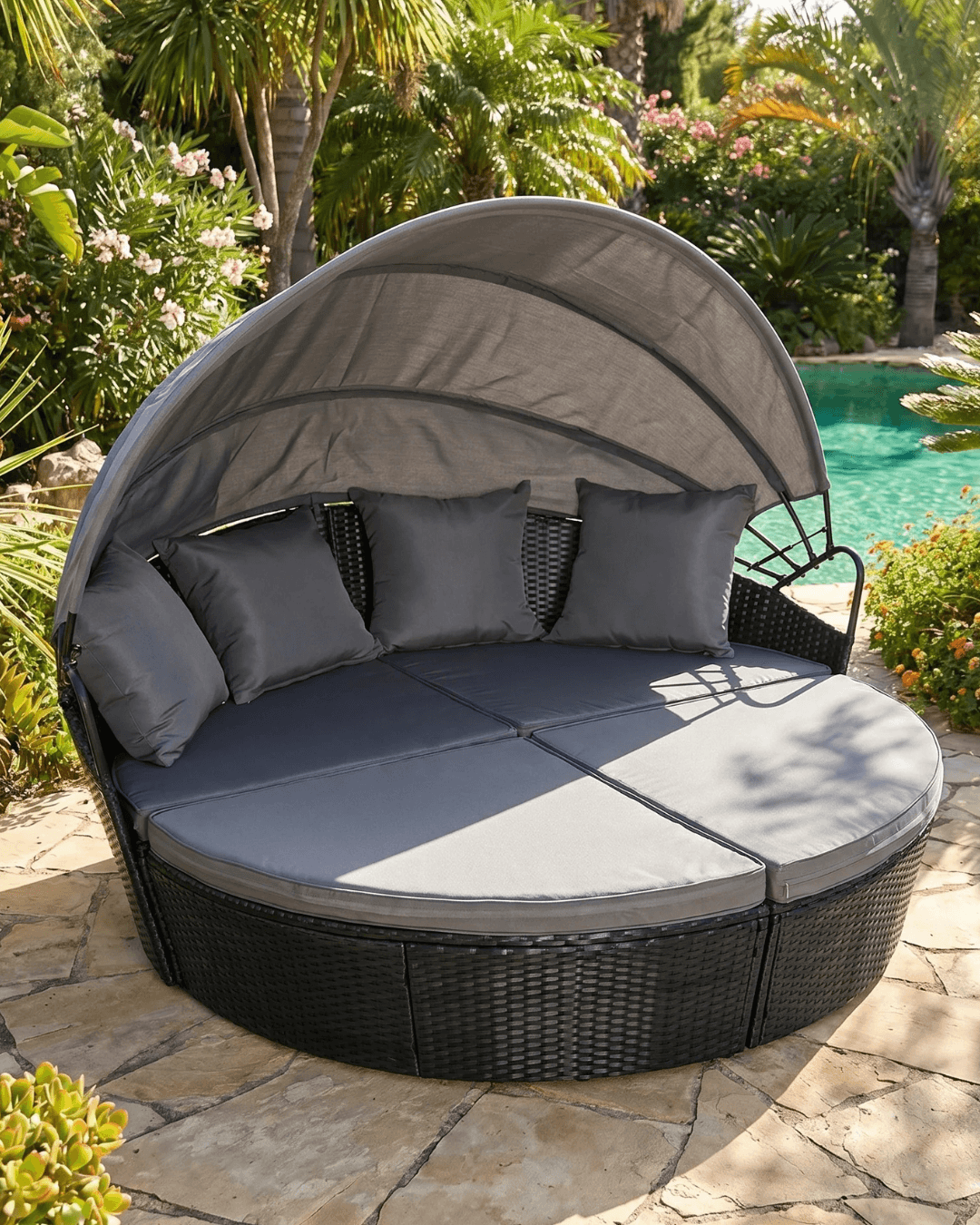 black rattan garden day bed with canopy
