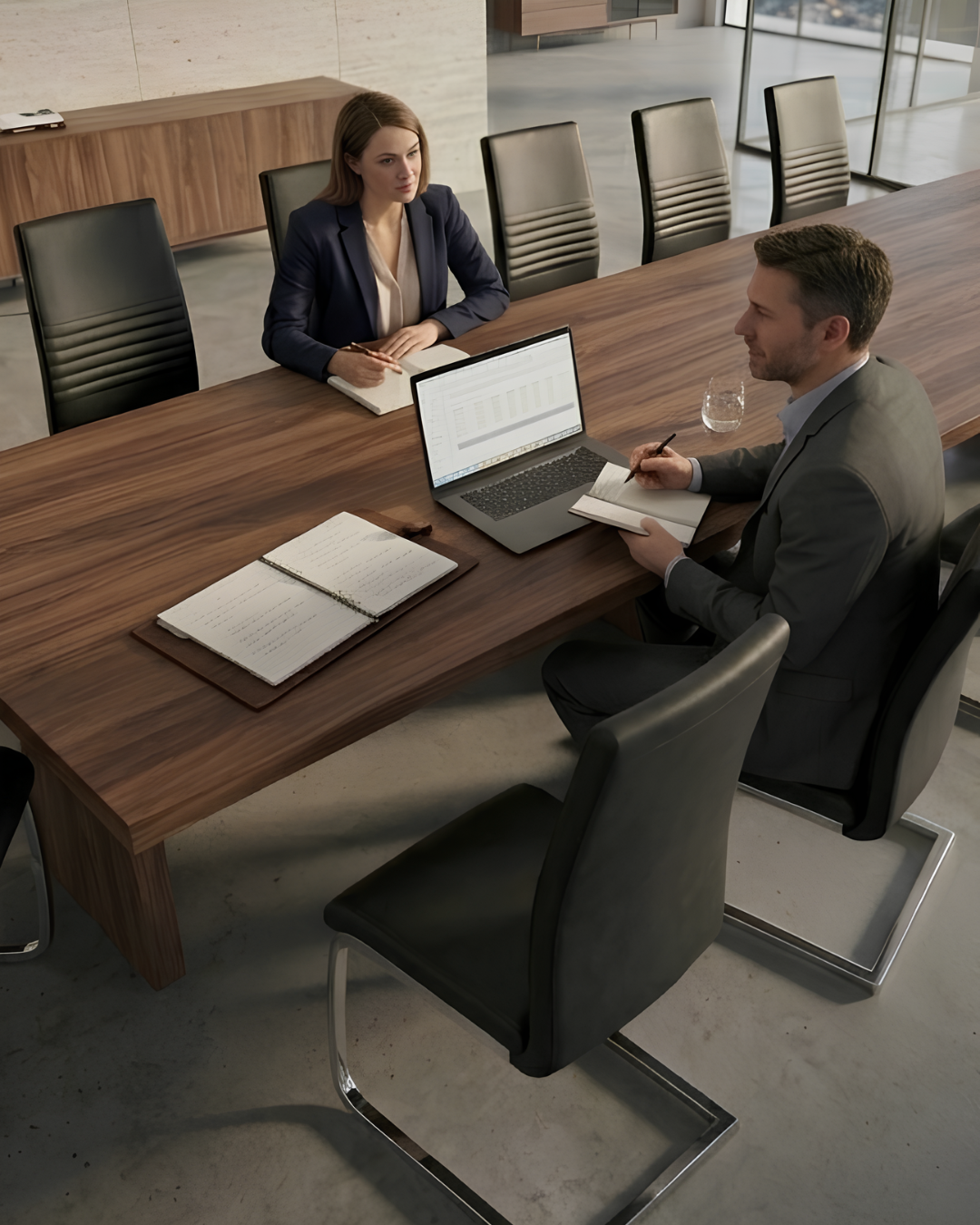 Stationary black boardroom chairs with sled base in a meeting room at a conference table