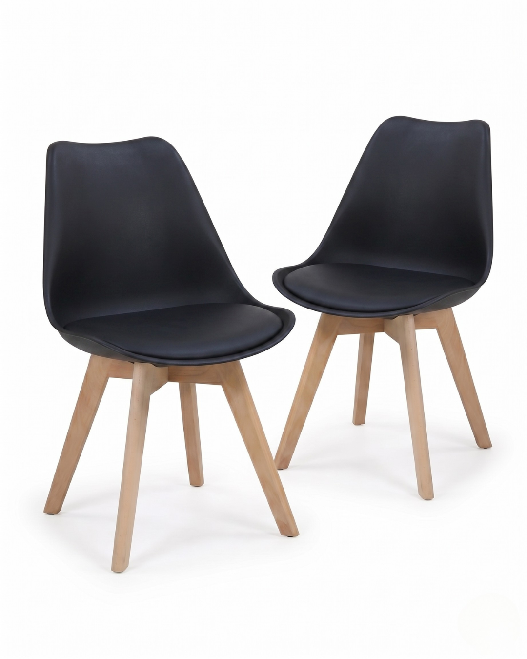 Set of two black chairs with wooden legs on a white background