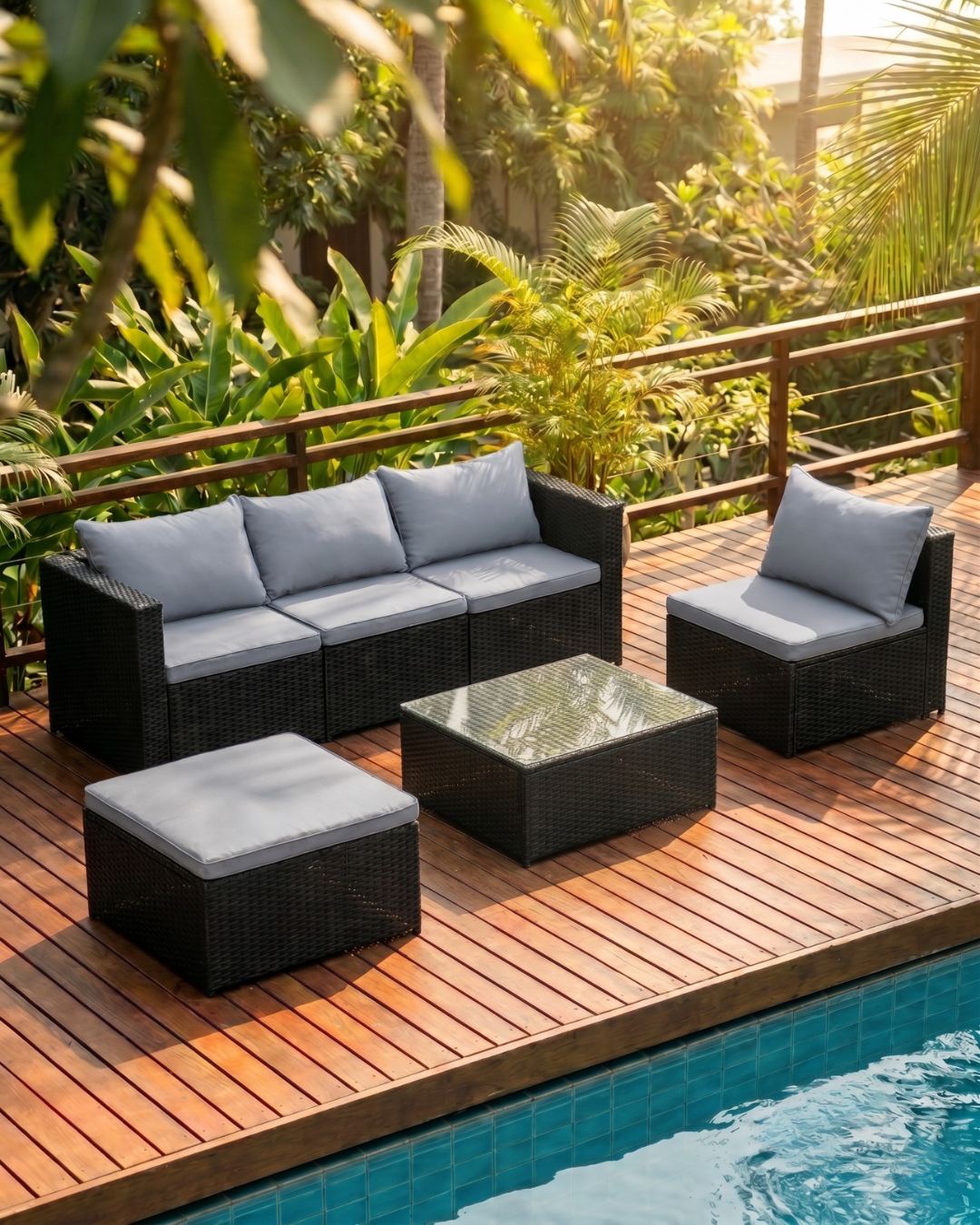 Outdoor patio furniture set with cushions by a pool
