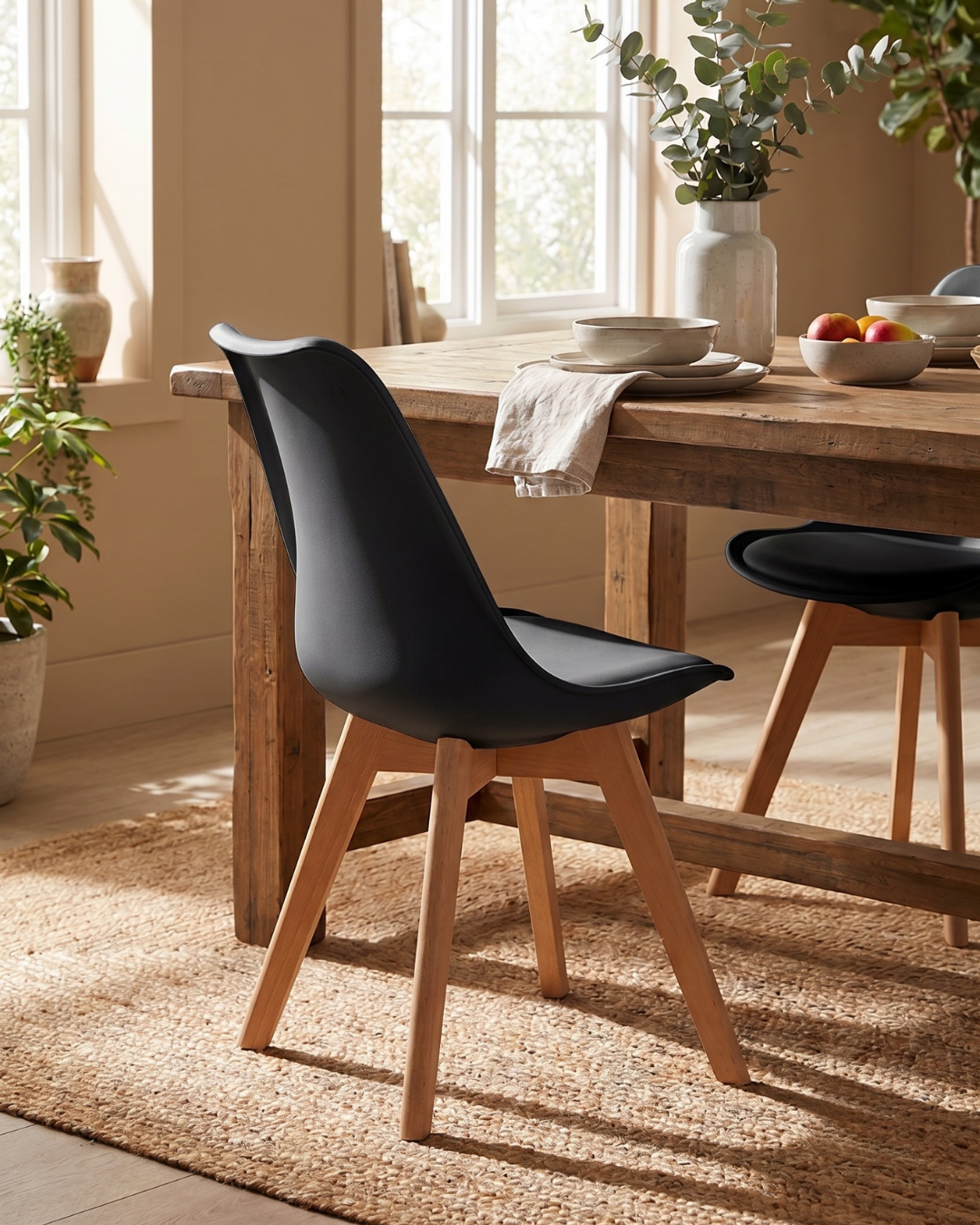 Black dining chair with wooden legs in a dining room setting