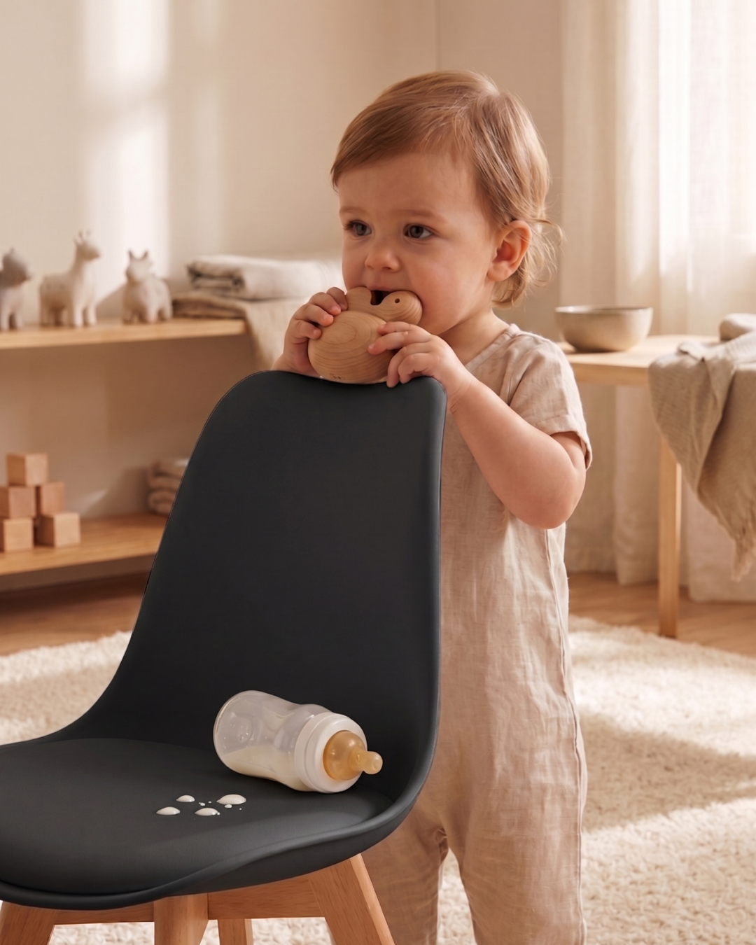 Spilt milk bottle on PU leather seat on black tulip chair