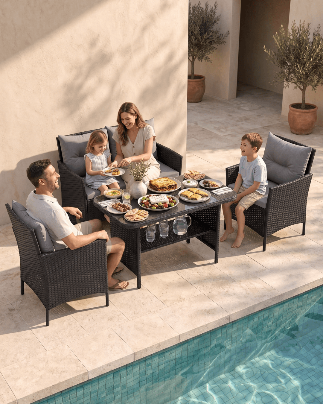 Family of 4 enjoying Sunday Brunch alfresco on a black rattan dining set