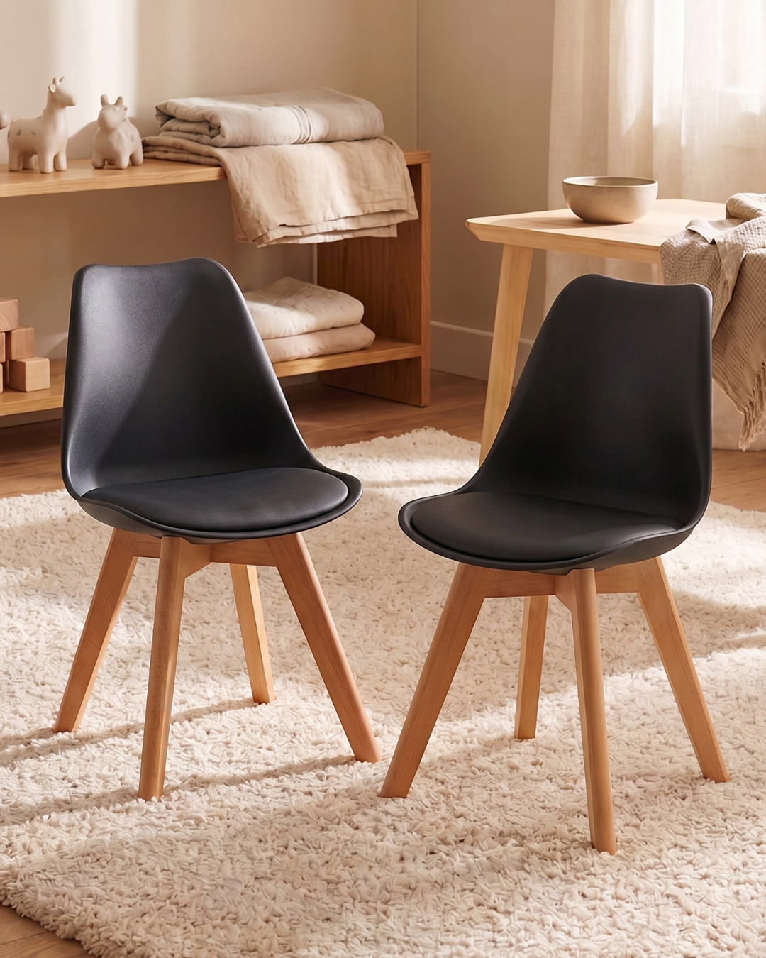 Two black chairs with wooden legs in a nursery room