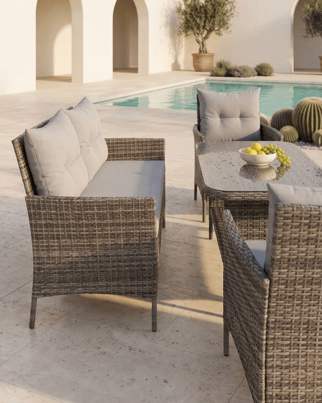 4 seater outdoor garden dining set with woven brown wicker-style chairs and a matching table, styled on a stone patio beside a swimming pool