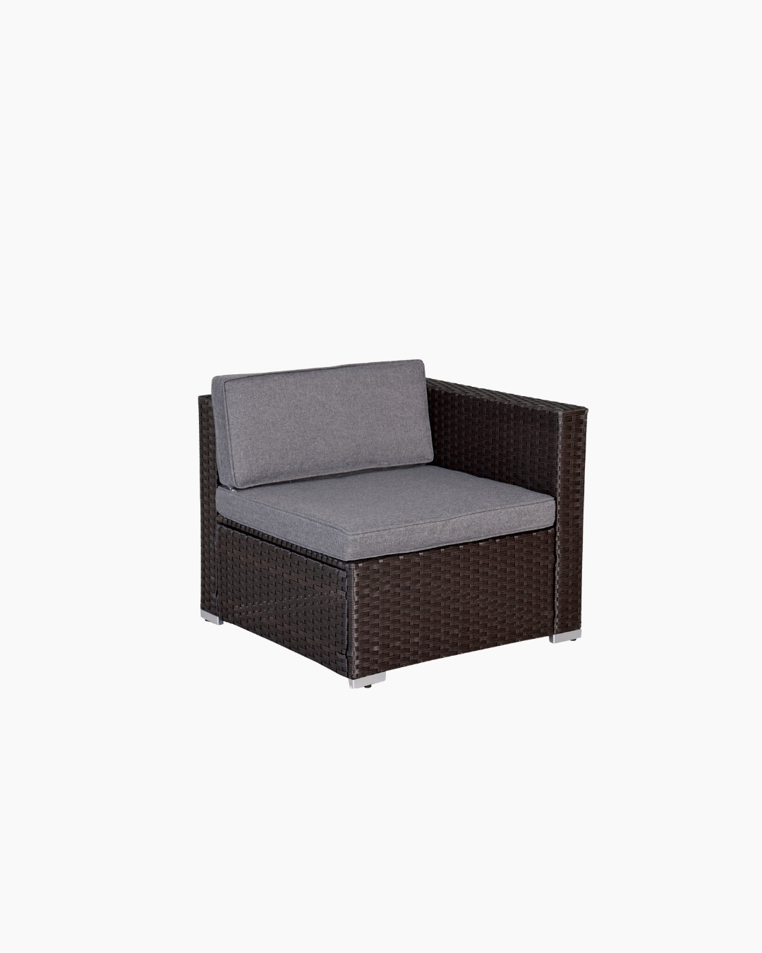 Brown wicker armchair with grey cushions