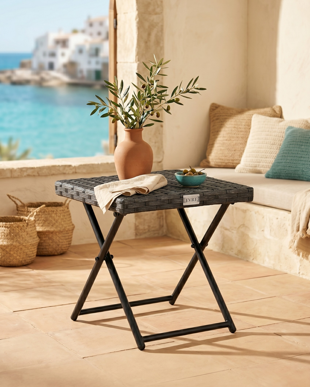 brown rattan side table in outdoor setting