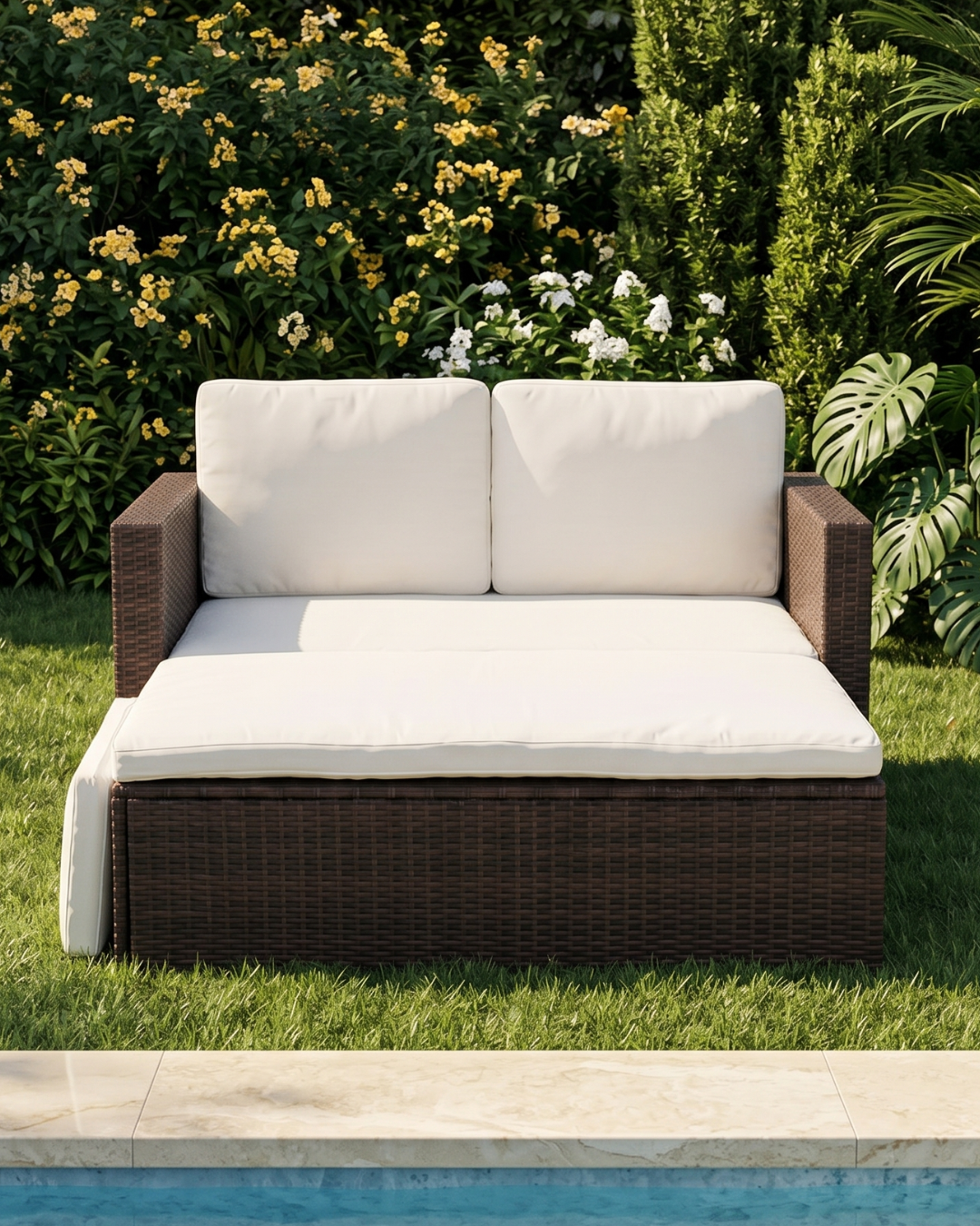Brown rattan sofa bed with cream cushions by the pool