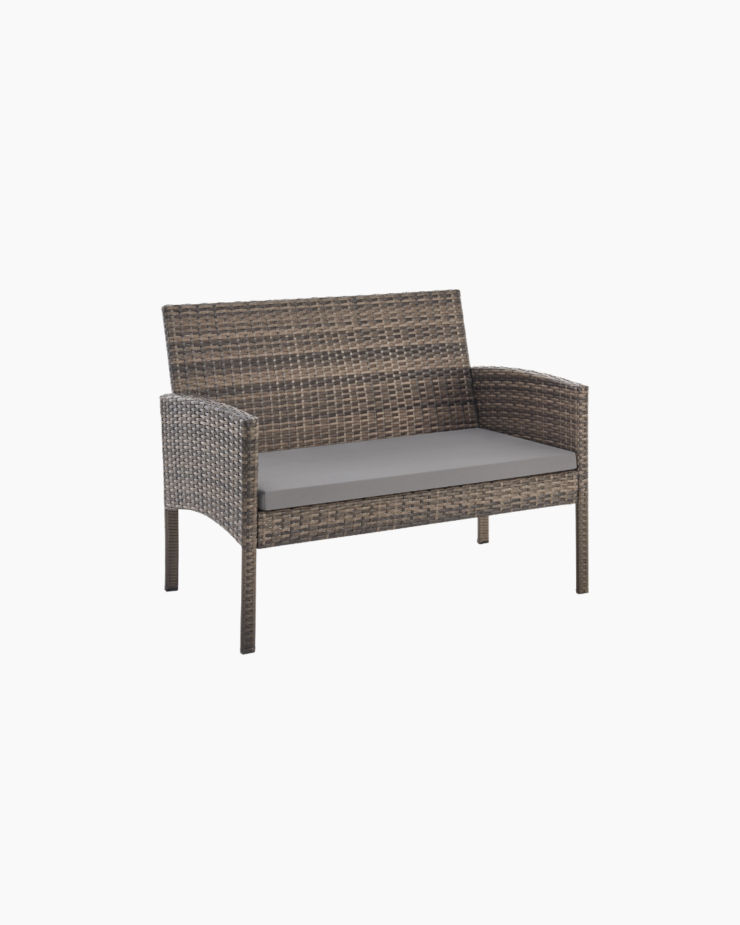 Wicker outdoor bench with grey cushion