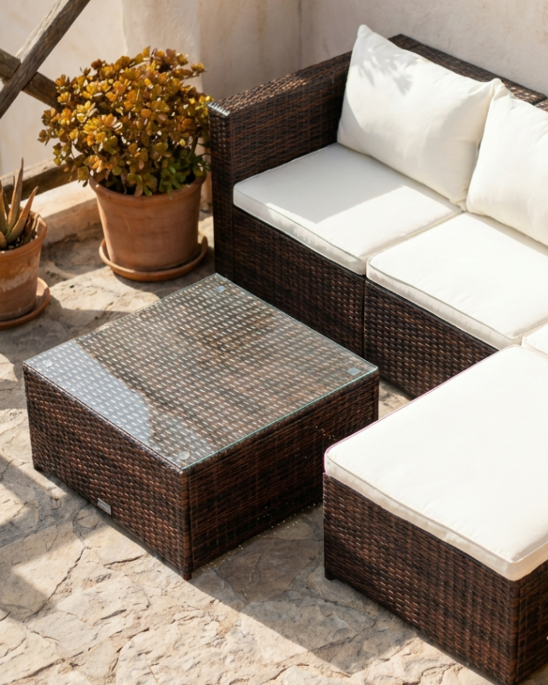 brown rattan garden furniture with cushions