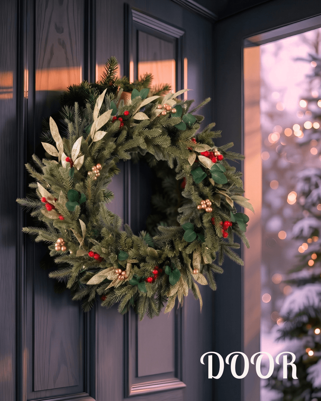 Unlit Christmas wreath with winter berries and golden leaves on the front door