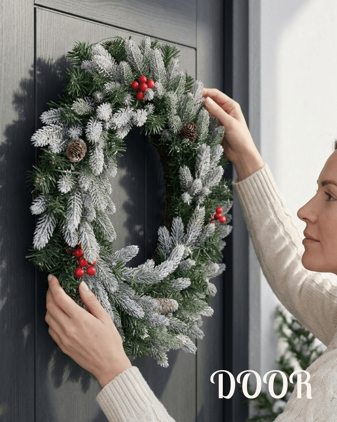 Woman hanging a frosted tip Christmas wreath with red berries on the front door