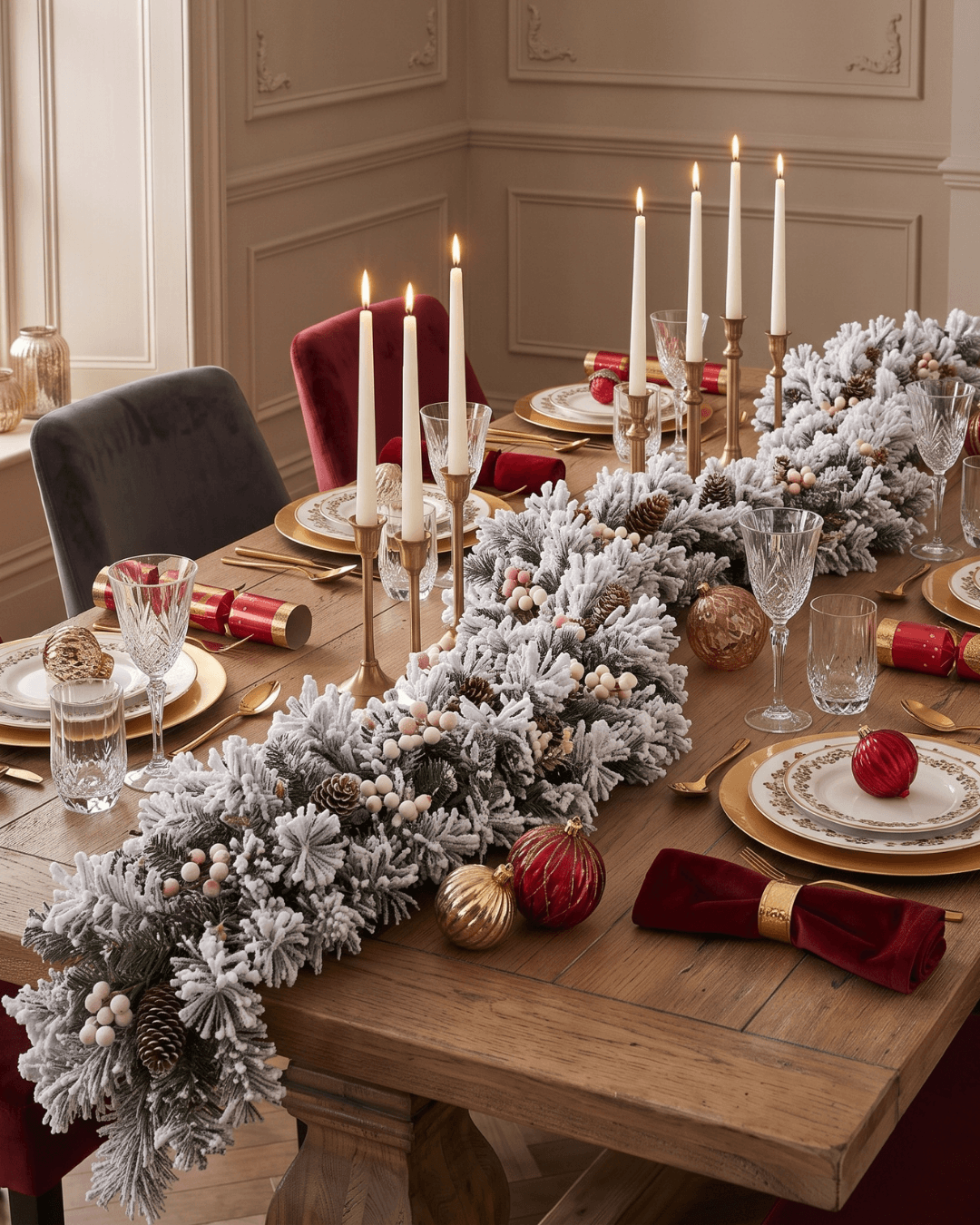 Long frosted Christmas garland down a dining table with white taper candles and gold and red tableware