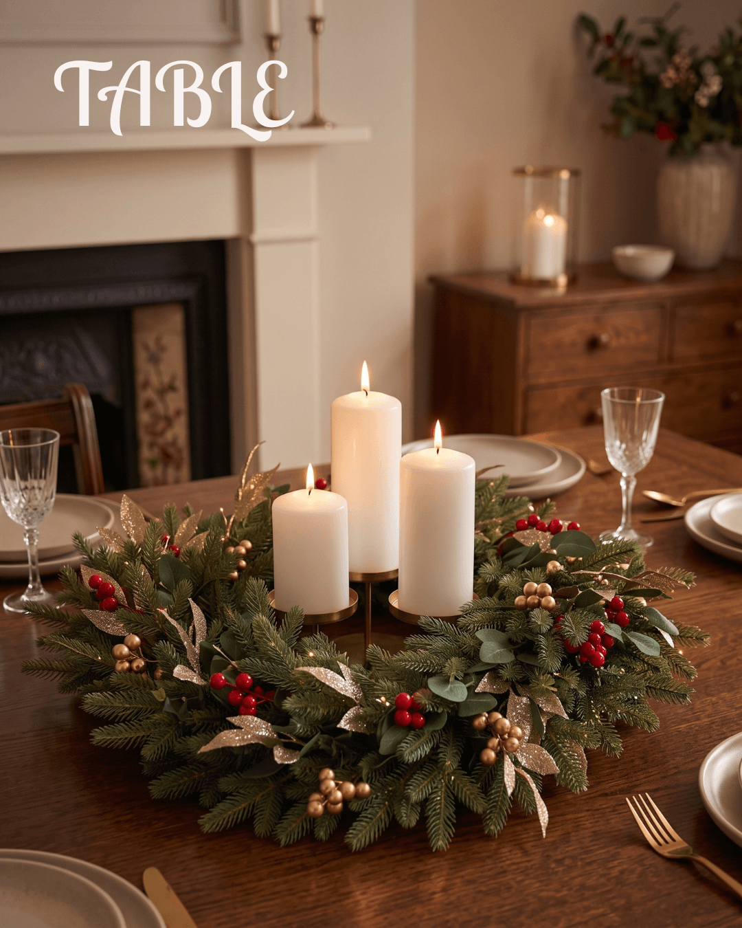 Christmas wreath table centrepiece with gold accents and three white pillar candles in a gold holder