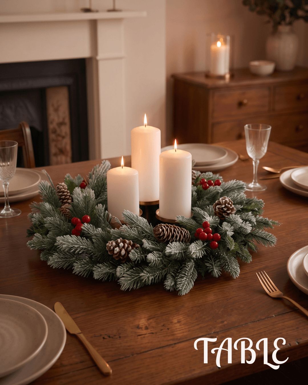Frosted tips Christmas wreath centrepiece with pinecones, red berries and four lit white pillar candles on a wooden table