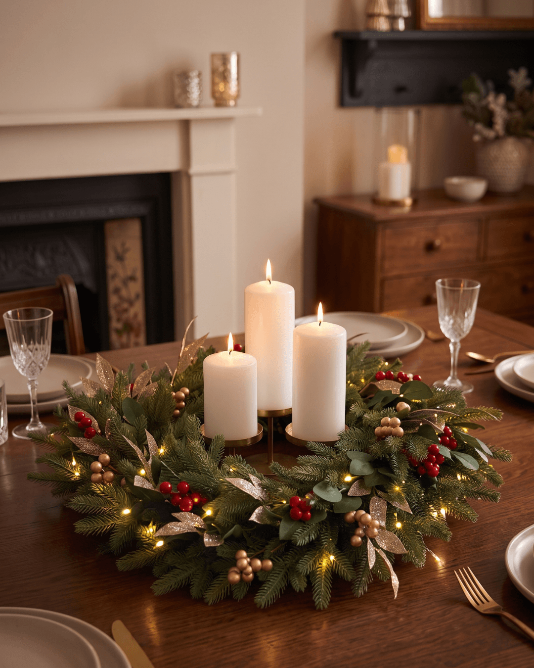 Pre-lit evergreen wreath with red and gold berries and faux leaf accents on a dining table