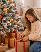 Girl wrapping a gift box by a decorated Christmas tree with white flocked snow