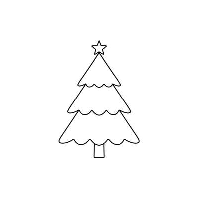 Simple black line drawing of a Christmas tree with a star on top