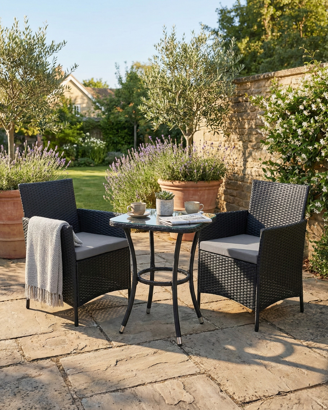 Outdoor patio set with two chairs and a small bistro table