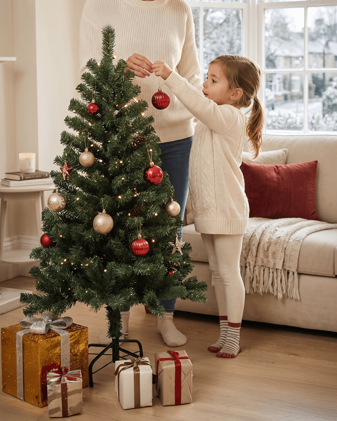 A young girl in a cream sweater and white leggings decorates a 4ft Christmas tree with her mother in a cosy living room