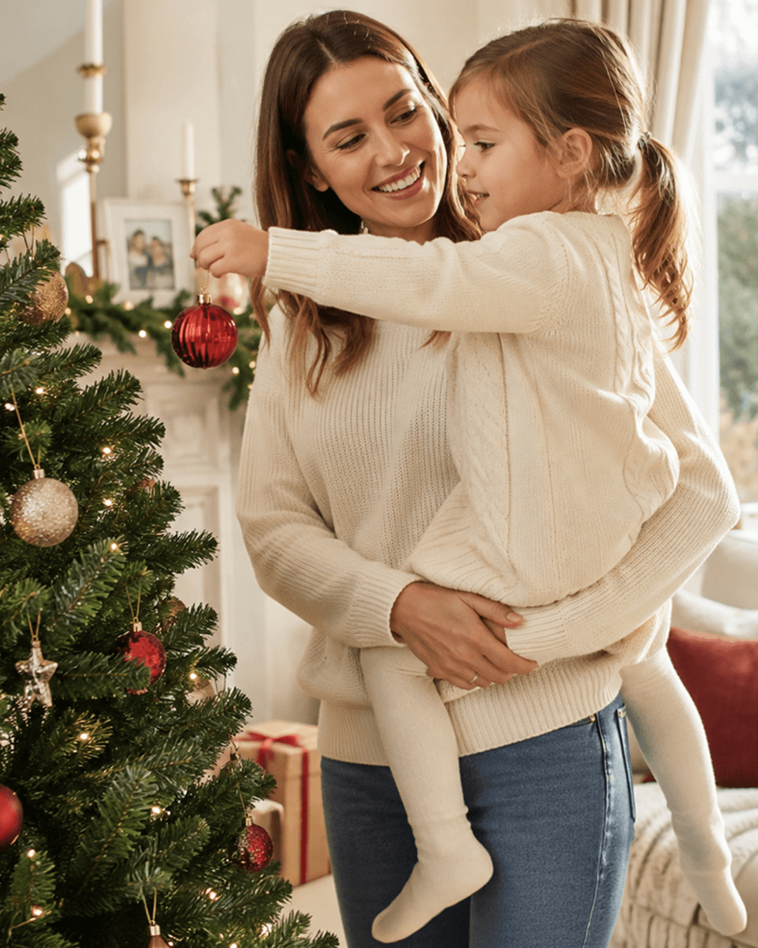 Mother and daughter wearing matching cream cable-knit sweaters decorating a Christmas tree together in a cosy living room