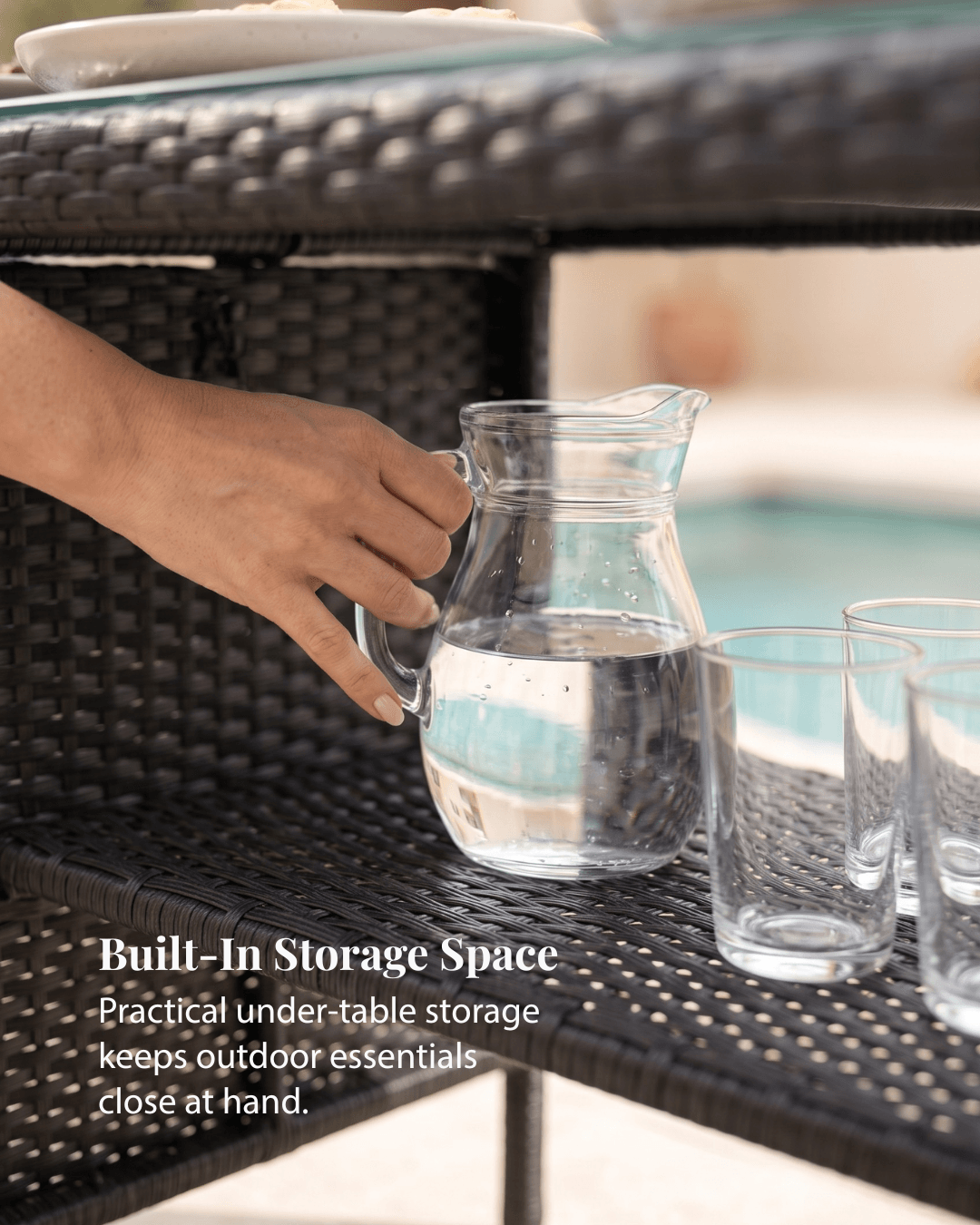 Black rattan table with under-table-storage space
