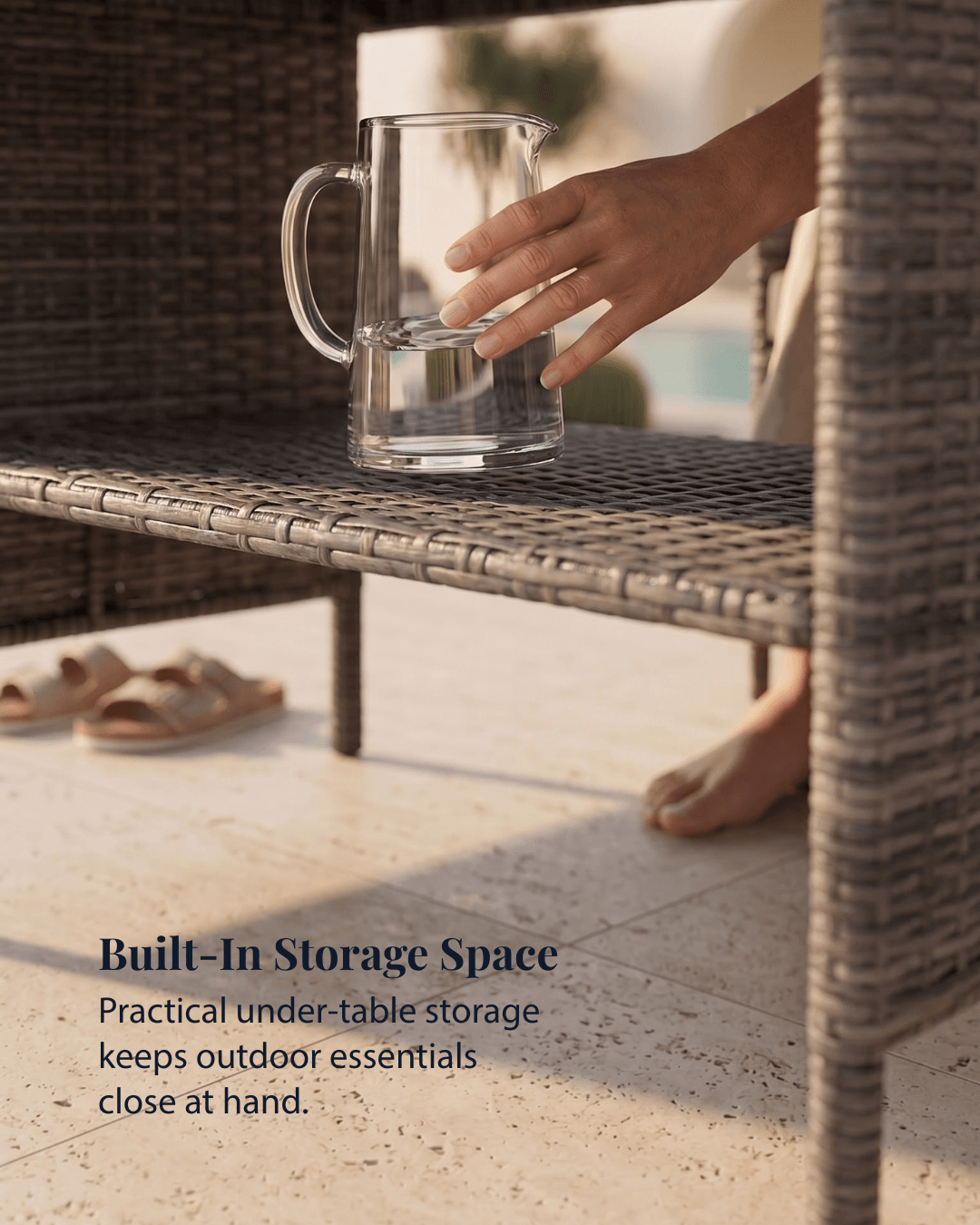 A clear glass pitcher on the storage shelf under the rattan dining table storage