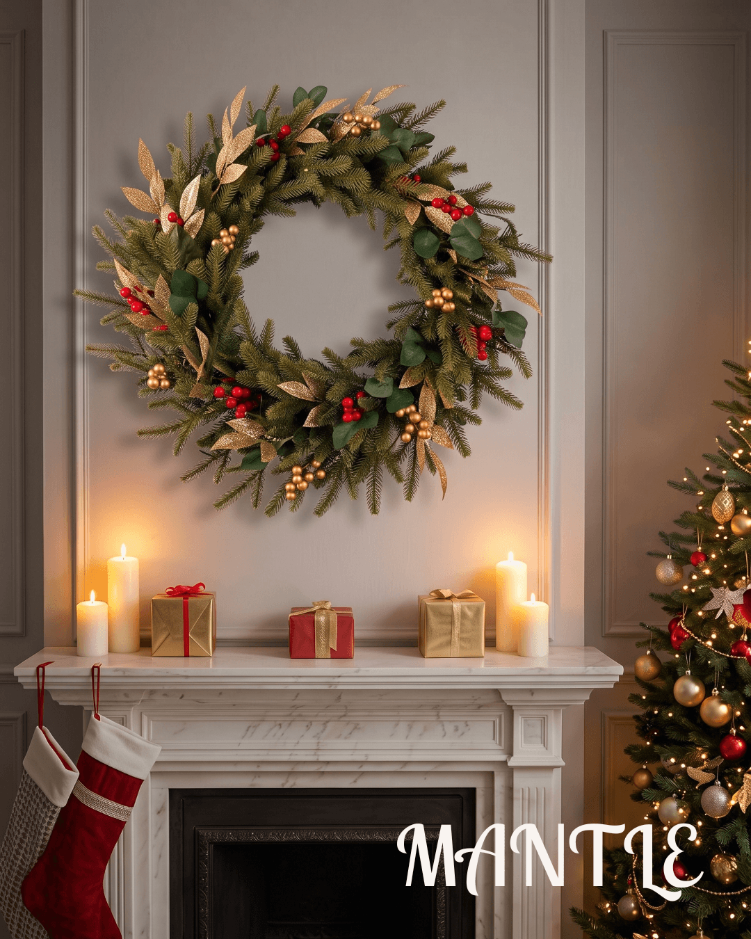 Christmas wreath with gold leaves and winter berries above a fireplace mantelpiece