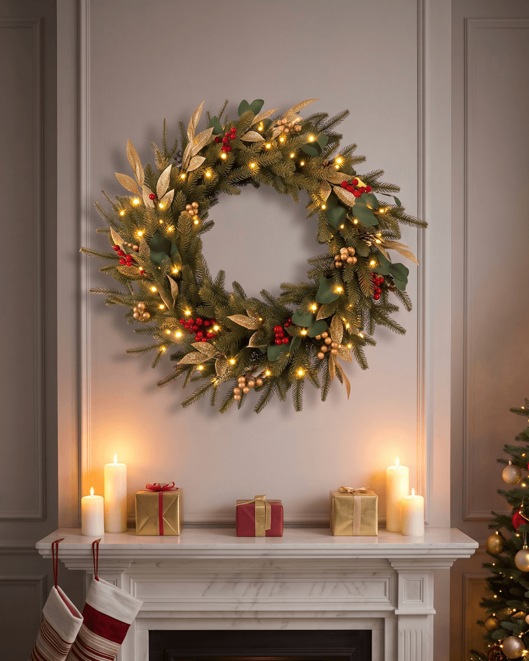 Pre-lit Christmas wall wreath with gold leaves, red berries and warm white lights above the fireplace