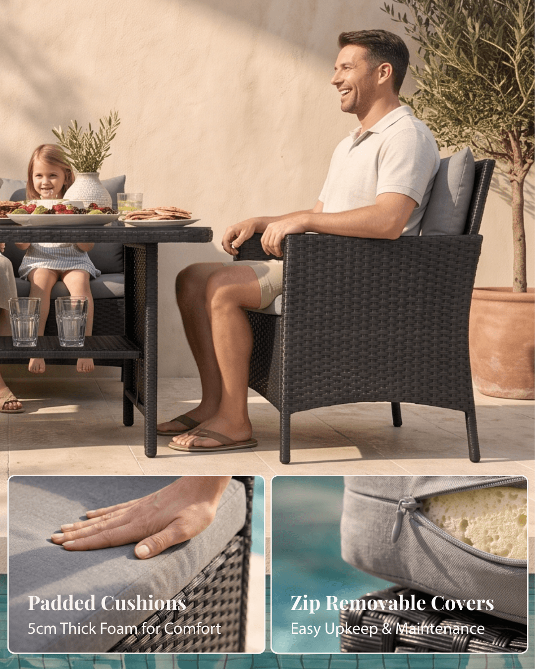 Black rattan patio table and chairs with cushions