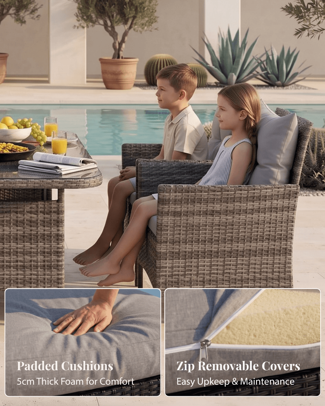 Two children sitting on woven outdoor patio chairs beside a swimming pool