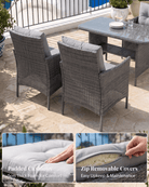 Grey rattan patio table and chairs with zip removable cushions