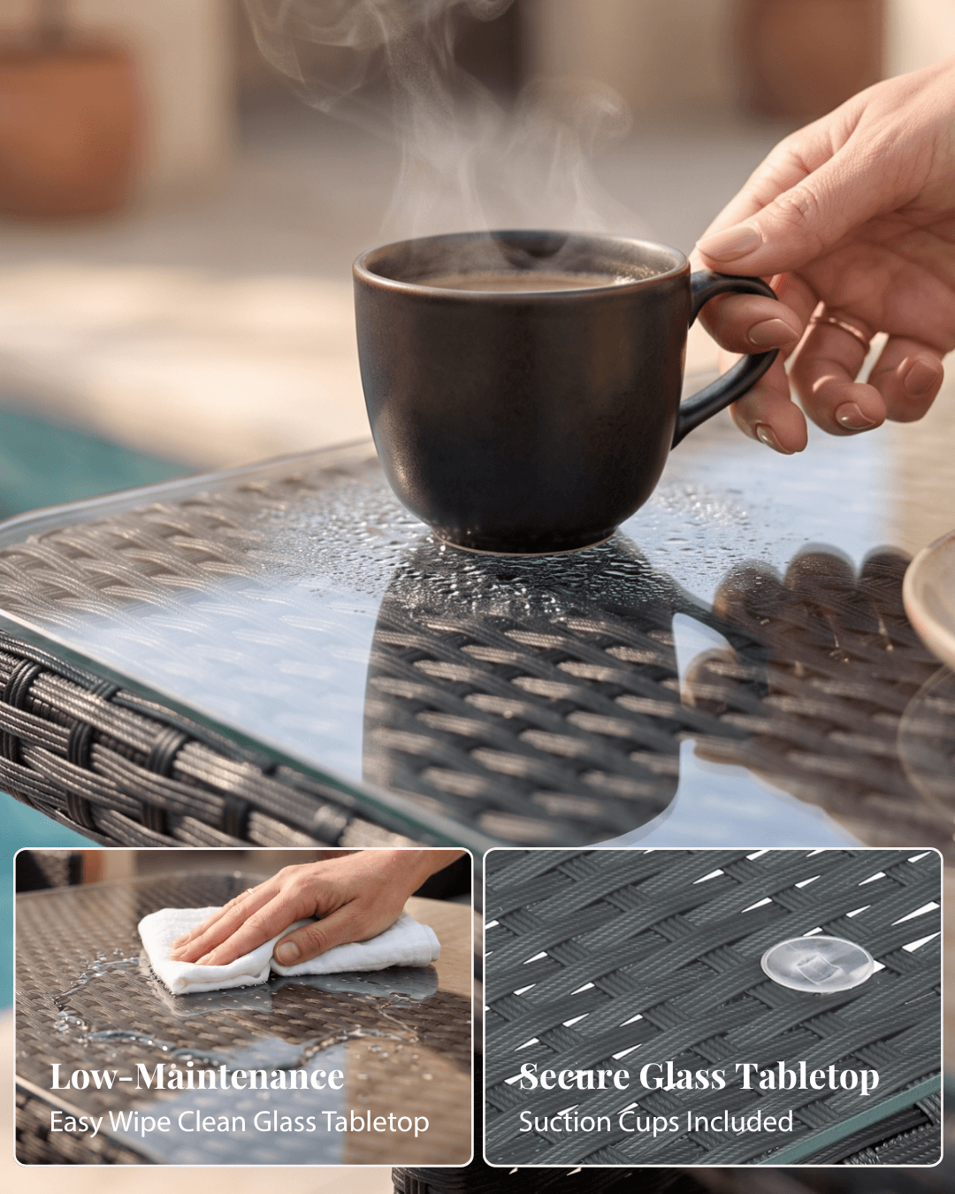 Rattan table with tempered glass top for outdoor use