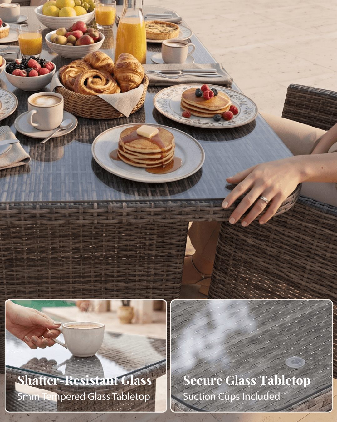 Outdoor dining table set with breakfast food on the table