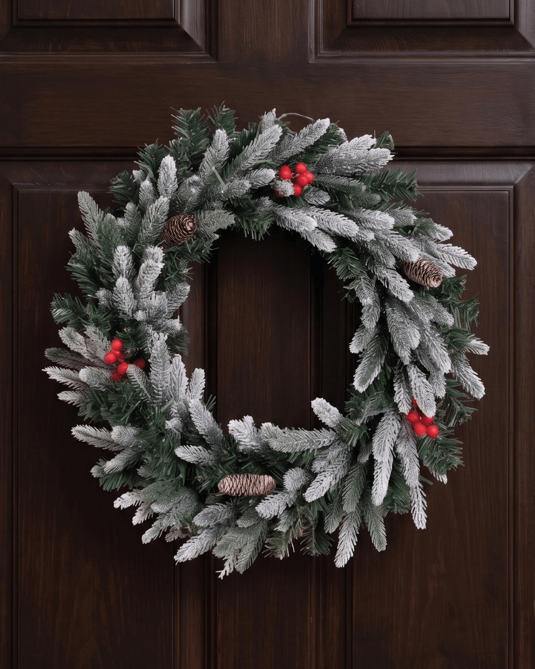Christmas wreath with frosted tips, pine cones and red berry clusters on the door