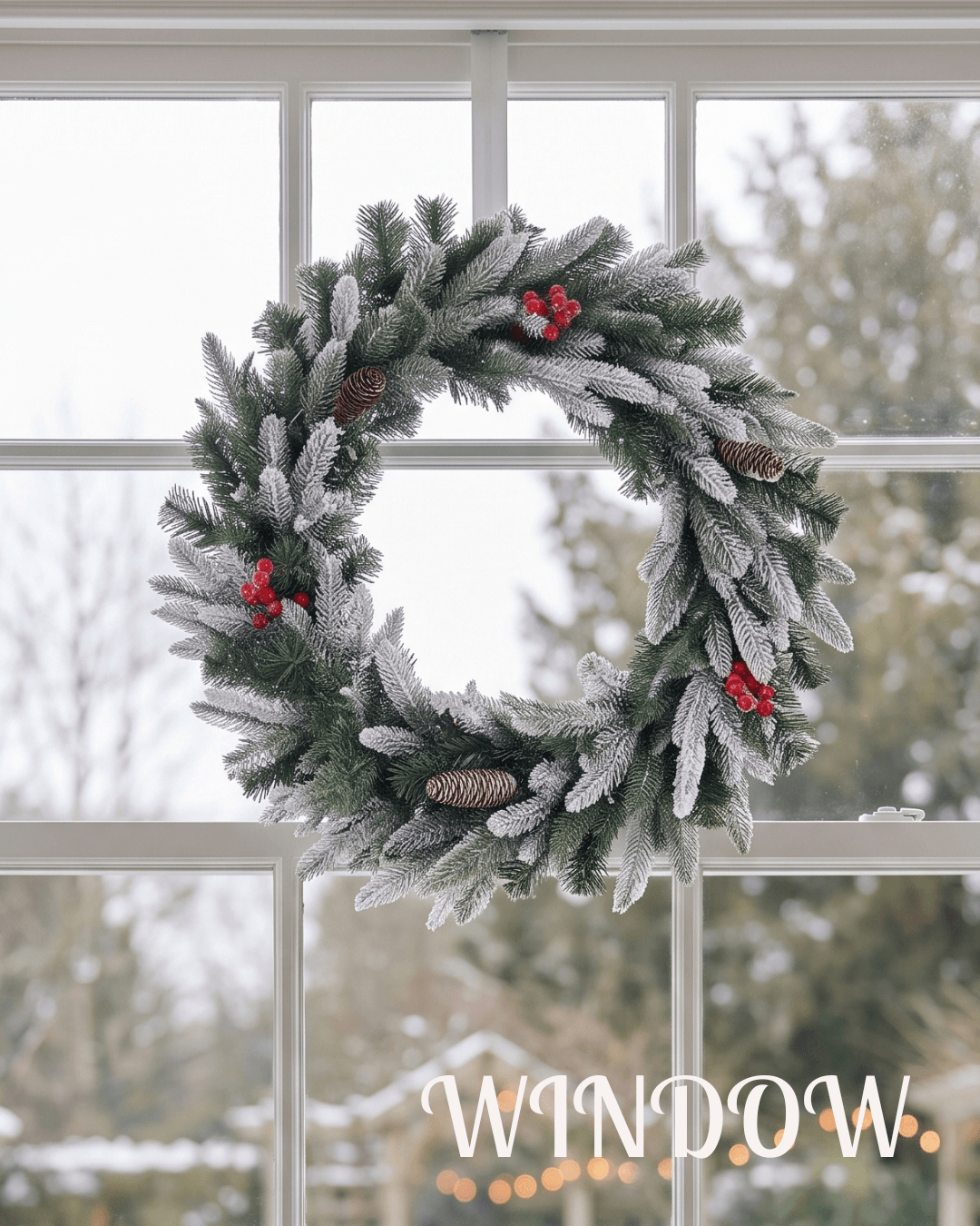 Frosted evergreen Christmas wreath with pinecones and red berries on a white-framed window with snow outside