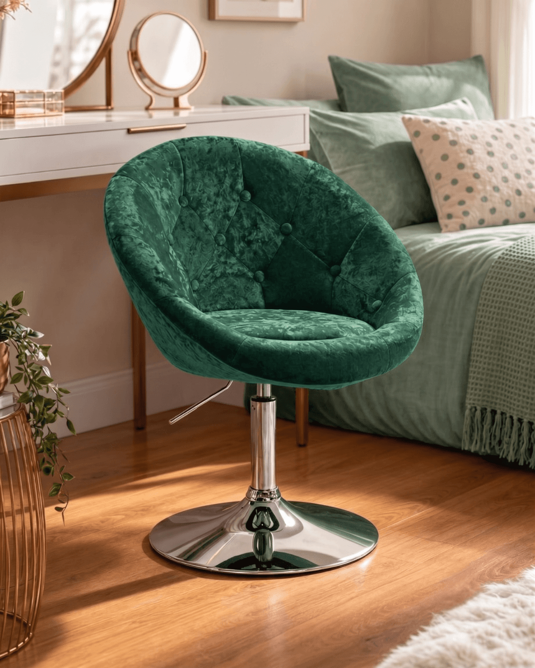 A tufted velvet swivel armchair in deep emerald green with a polished chrome pedestal base, set in a cozy bedroom with wooden floors