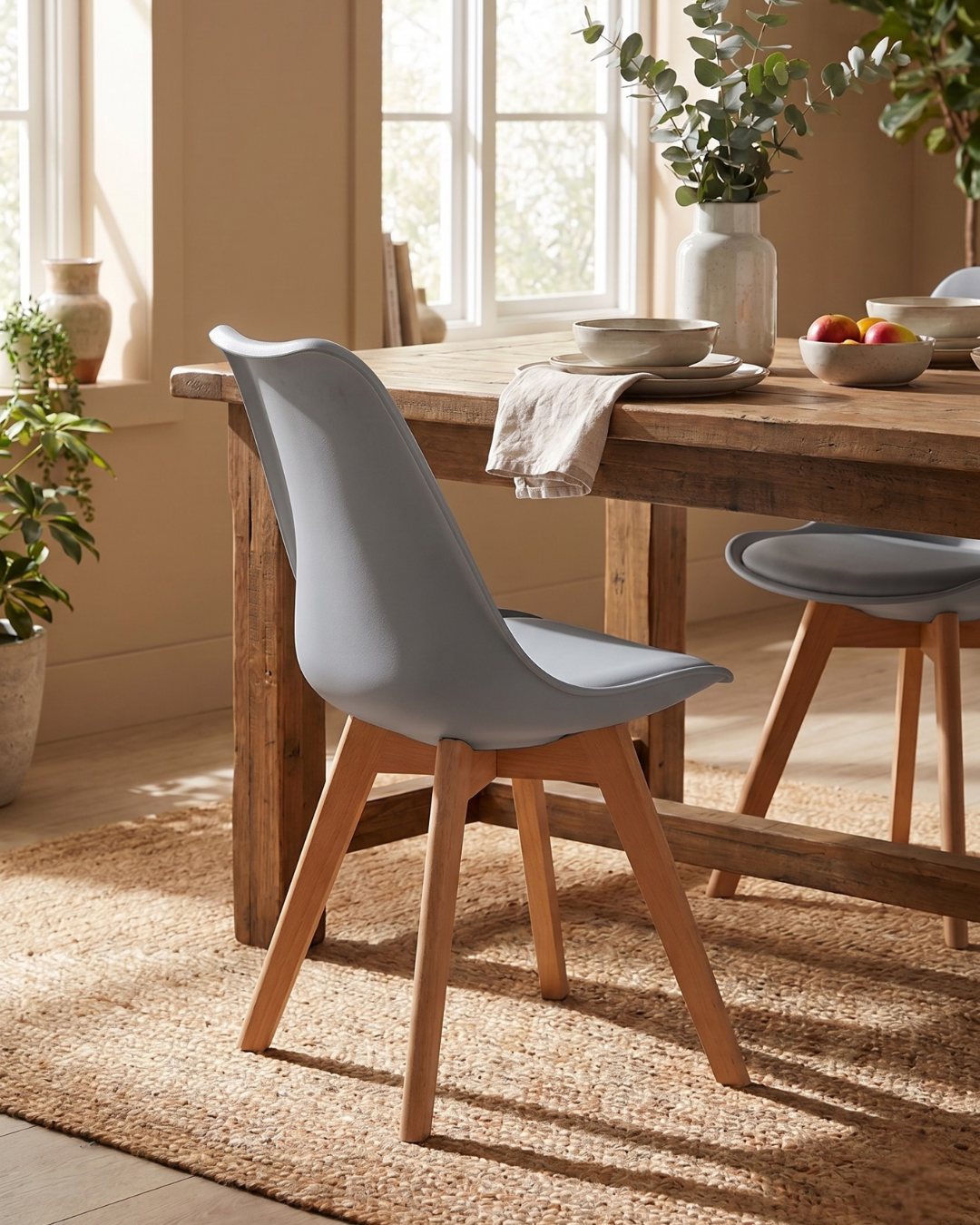 Grey dining chair at a wooden dining table with a warm interior setting