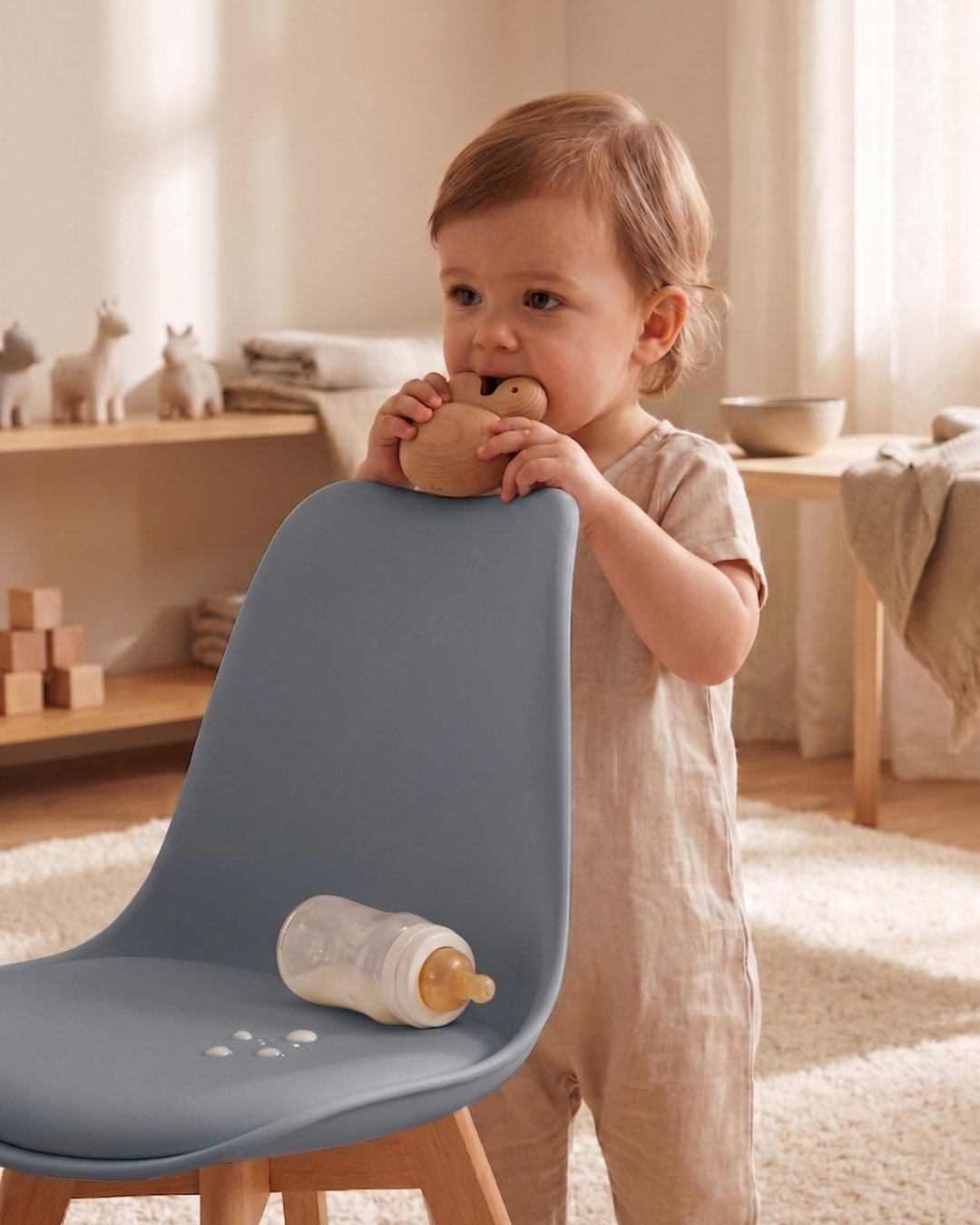 Spilt milk bottle on PU leather seat on grey tulip chair
