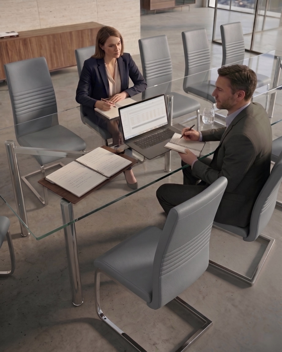 Modern office with grey chairs no wheels