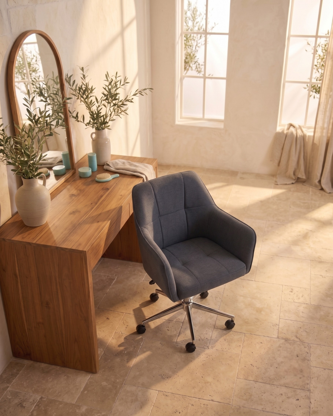 Wooden desk with a grey swivel chair in a bright room with large windows